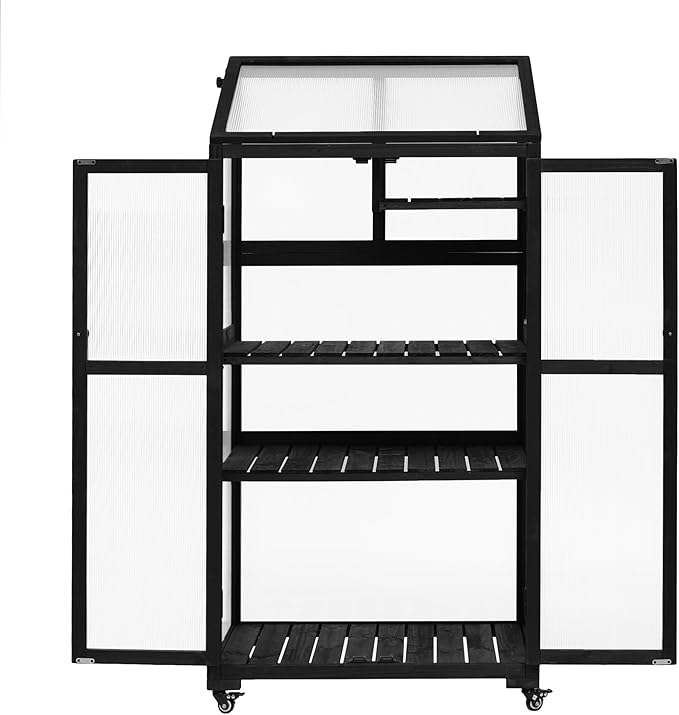 62inch Height Wood Large Greenhouse Balcony Portable Cold Frame with Wheels and Adjustable Shelves for Outdoor Indoor Backyard Mudroom (Black/Garden)