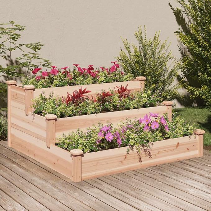 Garden Raised Bed Natural Solid Fir Wood Planter Box 47.2x47.2x22.0 inch Square Outdoor Planter for Vegetables Flowers Herbs