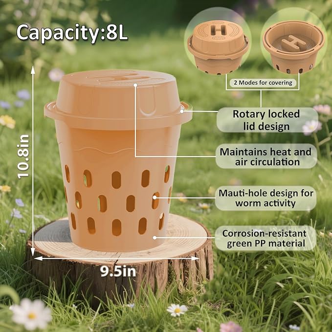 2-Pack InGround Compost Bin for Garden Beds 8L Worm Composter Farm for Faster Composting Worm Composter Kit with Aeration Animal-Proof Lid for Beginners (9.5x9.5x10.8Inch) (2 Gold)