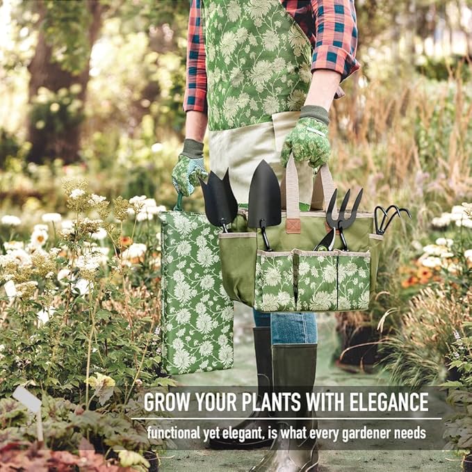 Colwelt Garden Tools Set 8 Piece Heavy Duty Gardening Tools with Wooden Handle Including Garden Tote Kneeling Pad Gloves Pruner Trowel Tulip Trowel Cultivator - Gardening Gifts for Women Men