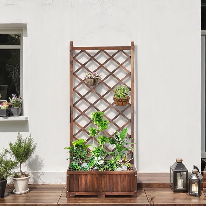 Wood Planter Raised Garden Bed with Trellis 67 Inch Height Outdoor Garden Flower Standing Planter Box Lattice Panels with Planter for Patio Porch with Drainage Holes Brown