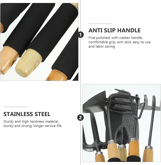 5pcs Garden Tool Set with Large Shovel 3-Prong Hand Rake Two-Ended Hoe and 5-Tooth Cultivator for Planting and Landscaping Portable Gardening Hand Tools Kit for Patio and Lawn