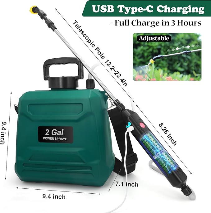 Battery Powered Sprayer 2 Gallon Powerful Electric Garden Sprayer with 3 Mist Nozzles USB Rechargeable Handle Retractable Wand and Adjustable Shoulder Strap for Irrigation Weeding(Green)