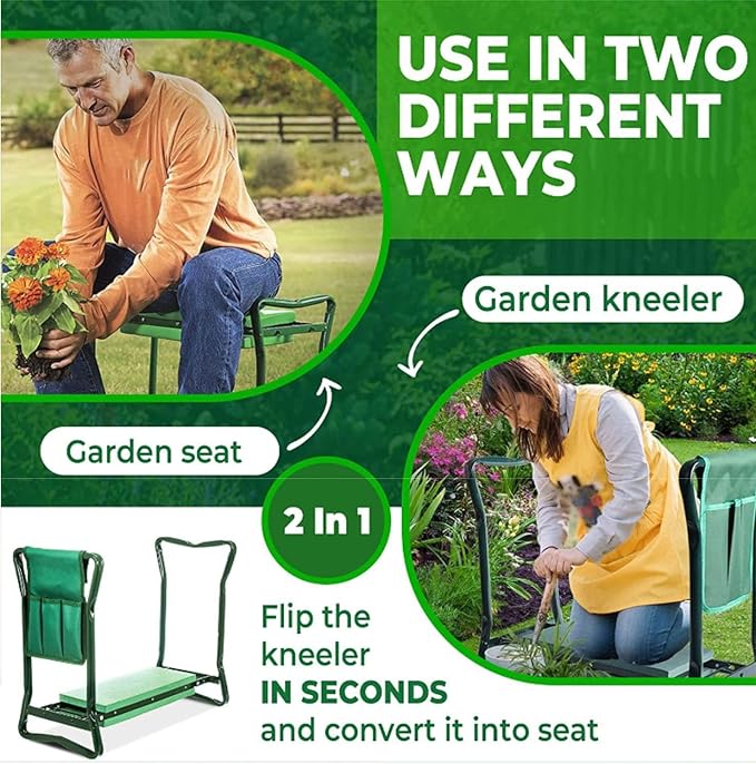 Kneeling Bench for Gardening Foldable Garden Kneeler Seat Heavy Duty Gardening Stool Kneeling Bench with Large Tool Pouch and Wider EVA Foam Kneeling Pad Gifts for Women Men Seniors Gardener
