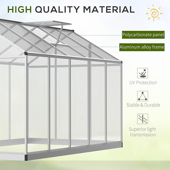 Outsunny 10' x 6' Greenhouse for Outdoors Polycarbonate Greenhouse with Rain Gutter and Roof Vent Aluminum Walk-in Green Houses for Outside Patio Backyard Garden