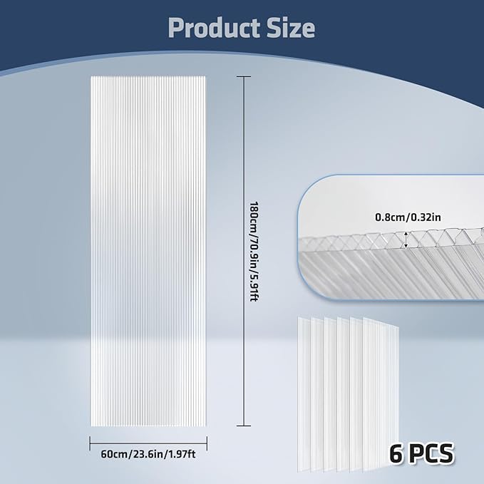 UMIG 6 PCS 6' x 2' x 0.32'' Polycarbonate Greenhouse Panels Twin-Wall Waterproof UV Protected Corrugated Plastic Roof Panels Sheets Clear Replacement Panels for Greenhouse Outdoor Plant