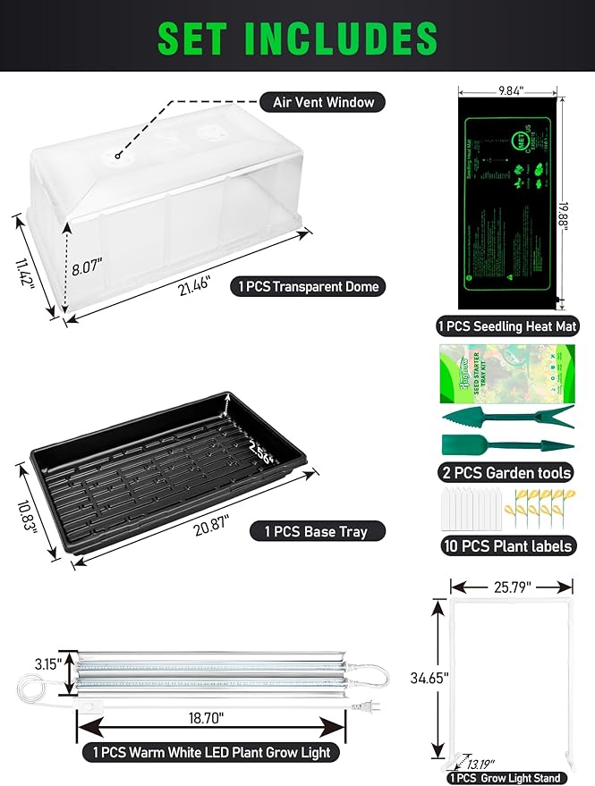 Seed Starter Tray with Grow Light and Heat Mat 8'' Humidity Dome 1020 Plant Starter Trays Seed Starter Kit Grow Light Stand for Seed Starting &amp Seedling Growing Height Adjustable