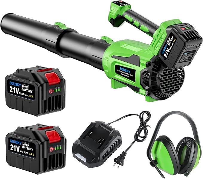 Leaf Blower Cordless Battery Leaf Blower with 2 * 6.0Ah Batteries and Charger 21V Brushless Electric Leaf Blowers with 5 Speed Levels and Turbo Mode for Lawn CareBlowing LeavesYard Cleanup