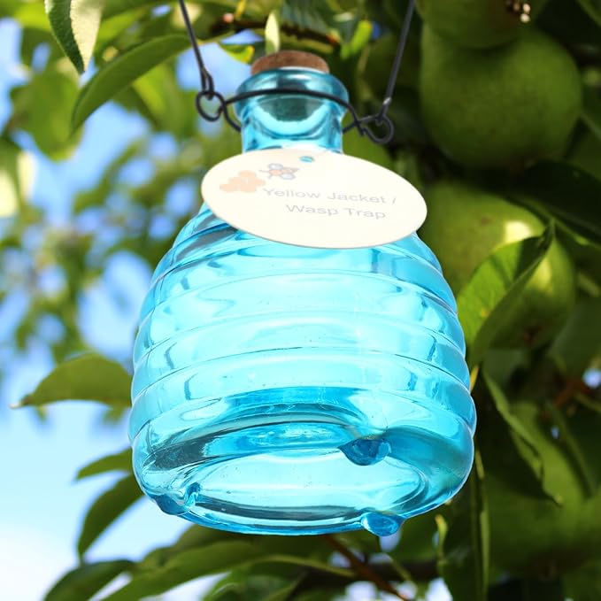 2 Pieces Glass Wasp Trap Outdoor Hanging Reusable Wasp Traps with Steel Hooks Yellow Jacket Catchers Trap for Outside Garden Farm Courtyard Garden Blue