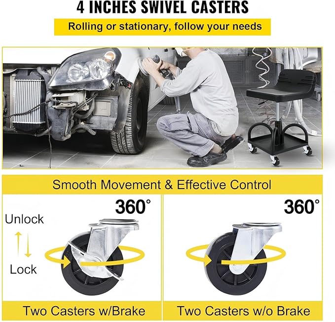 Rolling Garage Stool 300Lbs Capacity Adjustable Height 15.7-20.5 Inch Mechanic Seat with Tool Tray