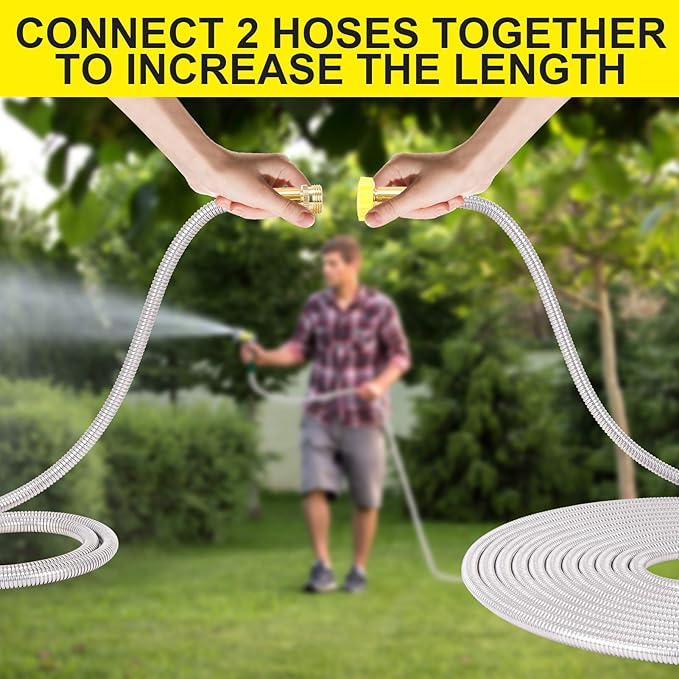 FOXEASE Metal Garden Hose 75FT - Stainless Steel Heavy Duty Water Hose with Metal Nozzle &amp 8 Function Sprayer Portable &amp Lightweight Kink Free Yard Hose Outdoor Hose