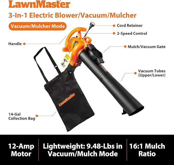 LawnMaster BV1210 Electric Blower Vacuum Mulcher 12 Amp 2-Speed Adjustment with Metal Impeller 240 MPH 380 CFM 16:1 Mulch Ratio with Collection Bag
