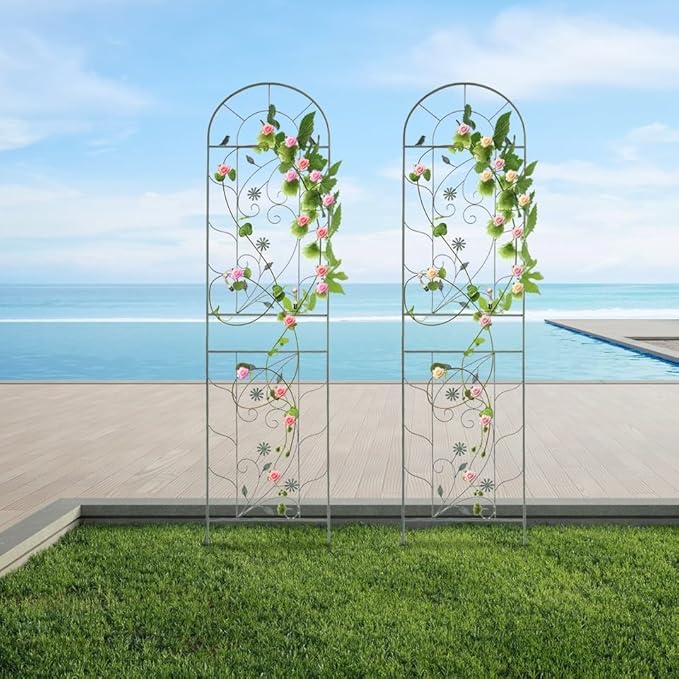 2 Packs 82.6x20 inch Metal Garden Trellis for Climbing Plants Outdoor Retro Iron Garden Decor Fences Panels Flower Plant Support Racks for Roses Vegetables Flowers Expandable (Green)