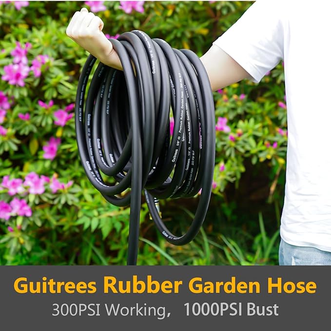 90FT 5/8 Heavy Duty Rubber Garden Hose - 300psi Working 1000psi Burst - Hot/Cold Water - Five-Layered Braiding for Durability - Versatile for Gardening Agriculture Construction(Black)