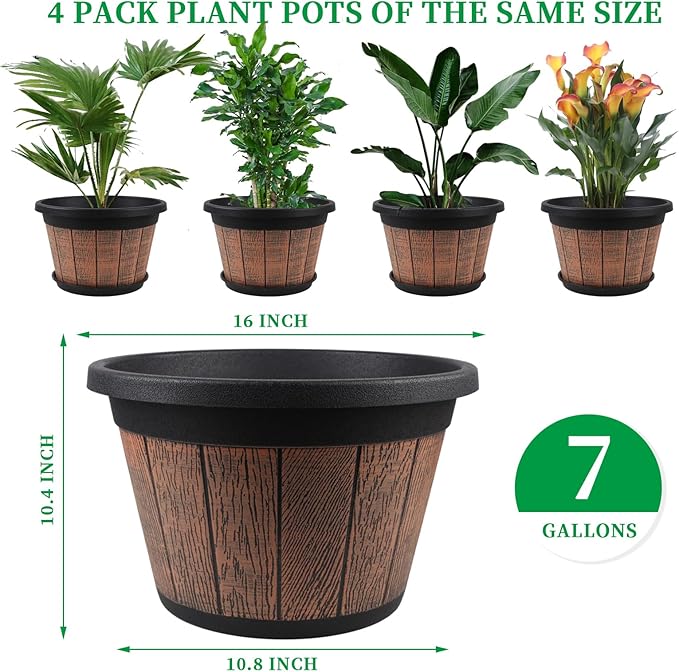 Quarut Large 4 Pack 16 inch Plant PotsWhiskey Barrel Planters with Drainage Holes &amp SaucerPlastic Decoration Flower Pots Retro DesignPlanters for Outdoor Indoor Garden Balcony Plants (Brown)