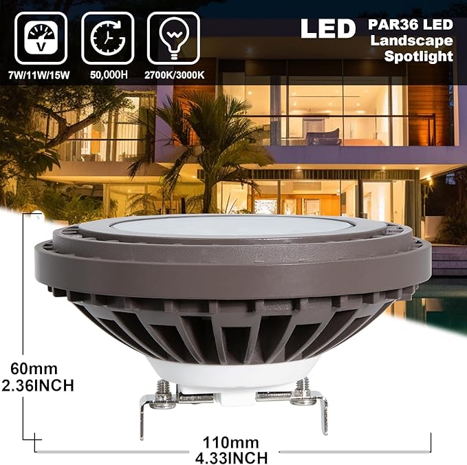 PAR36 LED Landscape Bulb Dimmable Waterproof PAR36 LED Bulb 7W/11W/15W Magnetic Touch Dimming 12V Landscape Lights 2700-3000K 40° Outdoor Spotlight for Outdoor Landscape Lighting 1 Pack