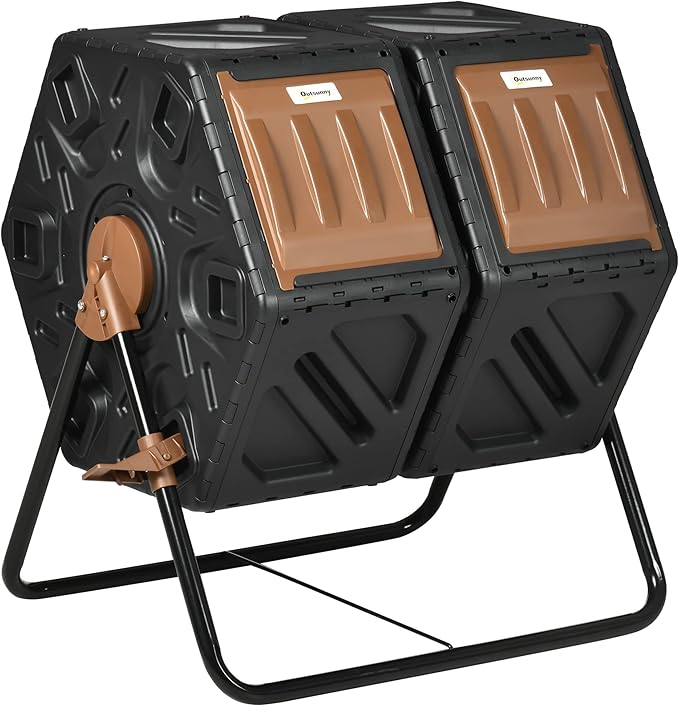 Compost Bin Outdoor 43 Gallon Dual Chamber Tumbling Composting with Sliding Doors Large Compost Tumbler Compost Bin for Garden Kitchen and Yard Waste Black+Brown