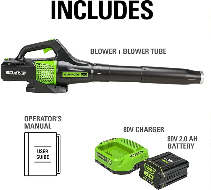 Greenworks 80V (150 MPH / 500 CFM / 75+ Compatible Tools) Cordless Axial Leaf Blower 2.0Ah Battery and Charger Included