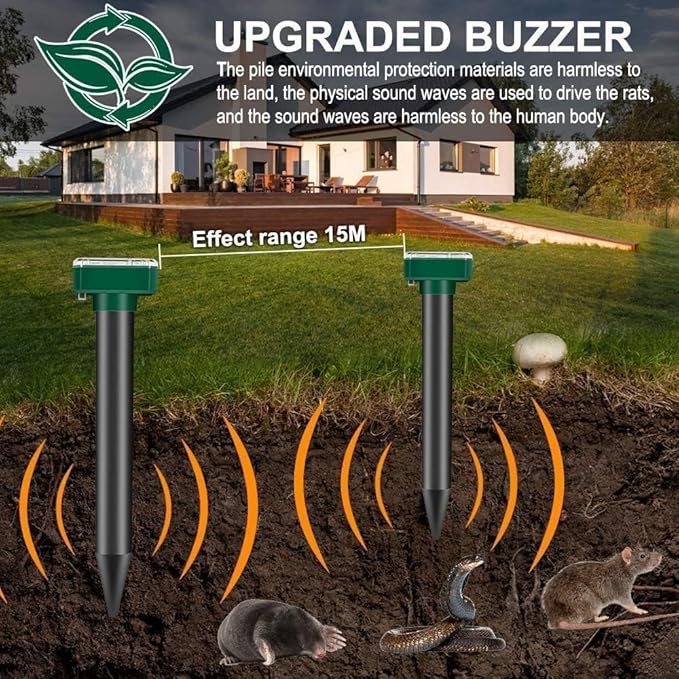 Mole Repellent Ultrasonic Solar Powered Animal Repellent for Outdoor Lawn Garden for Snakes Moles Gophers Groundhogs Voles and Other Burrowing Rodents (8 Pack)