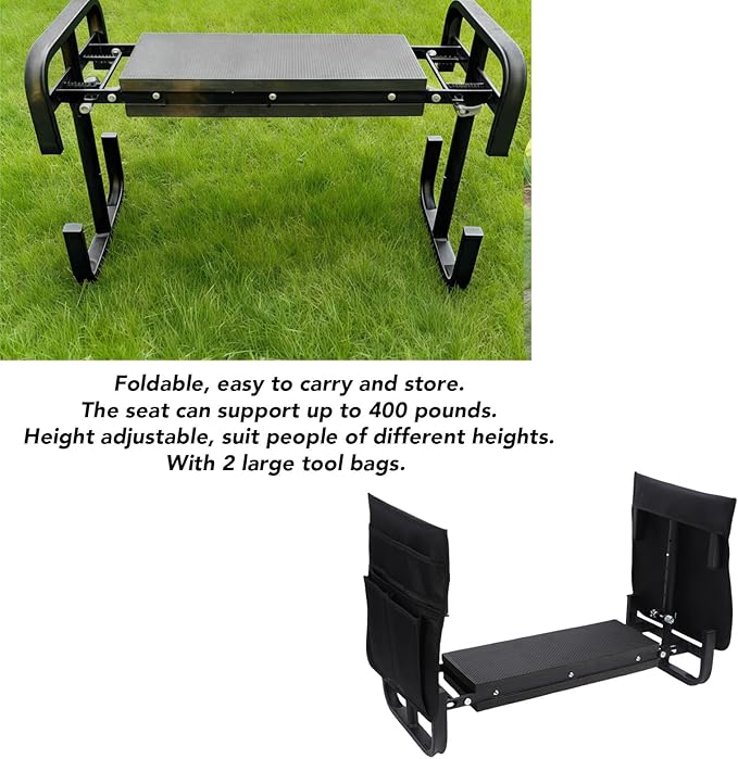 Zerodis Garden Stools 400lbs Widened Kneeler Pad Adjustable Height Foldable Portable Gardening Stool with 2 Tool Pouches Garden Kneeling Bench Support for Kneeling Sitting Kneeler (Black)