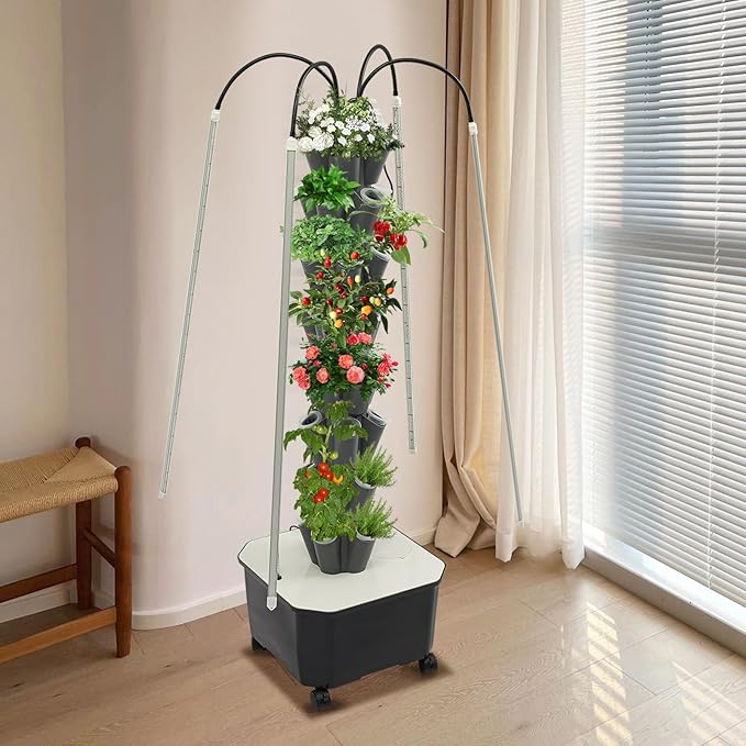 Hydroponic Growing System Tower 80W 40 Plants 8-Layer Hydroponic Tower with LED Light Vertical Hydroponics Garden Tower for Herbs Vegetables Fruits with Pump &amp Water Level Gauge (Grey)