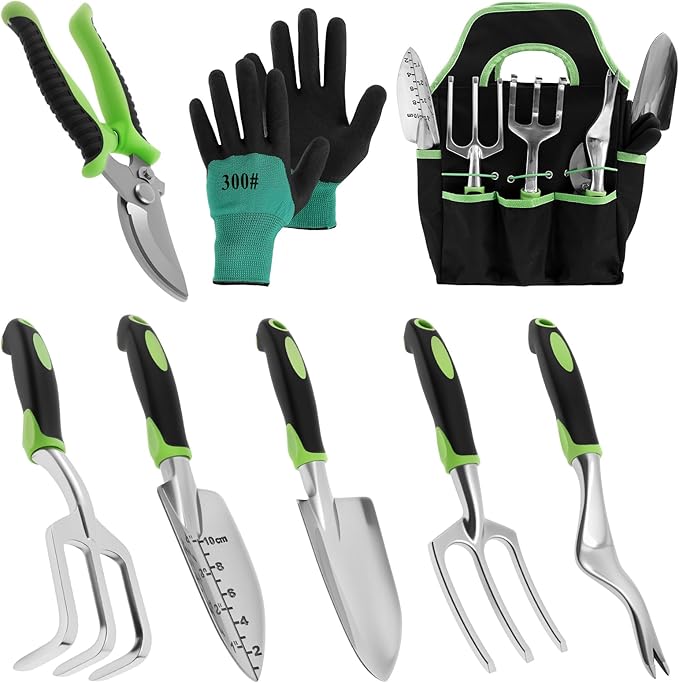 8 PCS Gardening Tool Set Solid Stainless Steel Gardening Tools Convenient Gardening Hand Tools Kit with Bag and Glove Anti-Slip Garden Tool Set for Outdoor Garden