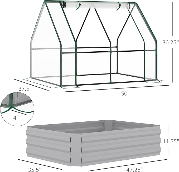 Elevated Metal Garden Bed with Greenhouse Top 48”x36” Outdoor Planter with 2 Adjustable Windows to Optimize Growing for Fruits and Flowers Clear Cover Included