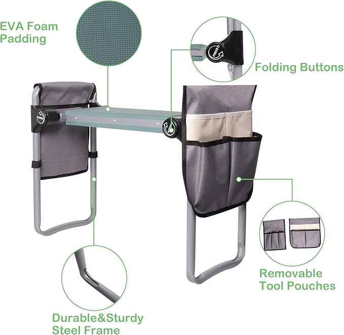 Foldable Garden Kneeler and Seat Upgraded Gardening Stool with 2 Bonus Tool Pouches Lightweight and Heavy Duty Garden Bench with Comfortable Eva Foam Pad for Arthritis Parent Gardener