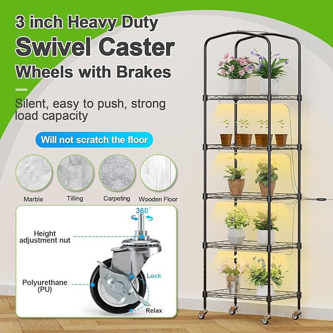 Abimars 5-Tier Mini Greenhouse with Grow Light Shelf Height Adjustable Metal Plant Shelf with PVC Cover and Wheels Includes 4-Pack Full Spectrum Plant Lights 11x16x57inch