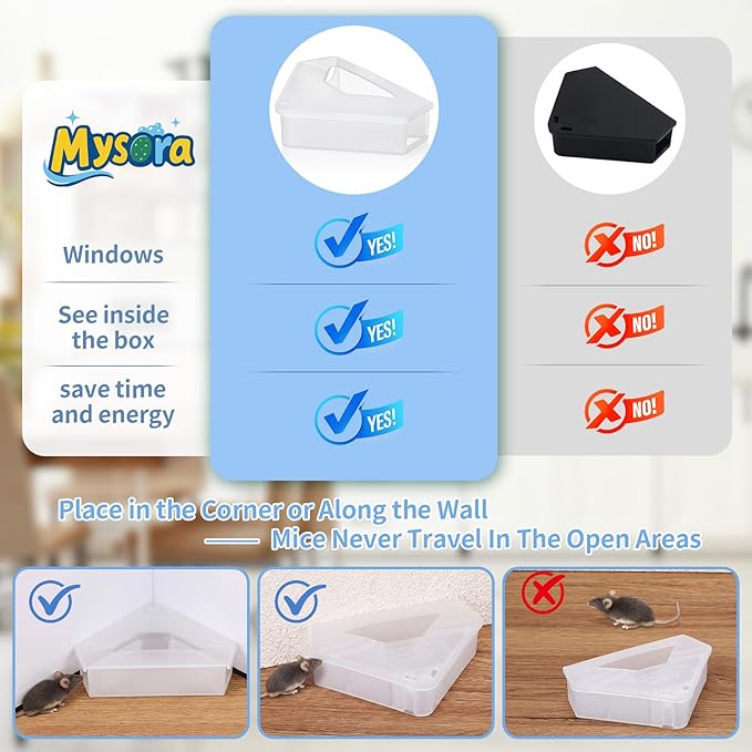 6 Pack Mouse Bait Stations with Visible Window &amp Keys Lockable Rodent Control Boxes Triangular Mice Traps Box for Indoor Outdoor Corners Garage Kitchen Bait Not Included (Translucent)