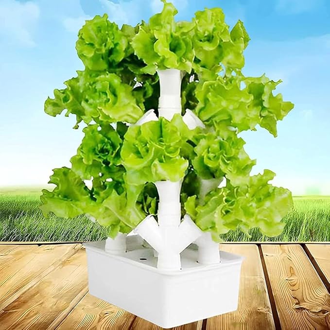 Vertical Hydroponic Tower Vegetable Plant Tower 16/24/32 Pots PVC Pipe Hydroponic Kit Aquaponics Growing System for Leafy Vegetables Herbs Garden Grow Lettuce and Fruits 16Holes ( 32Holes)