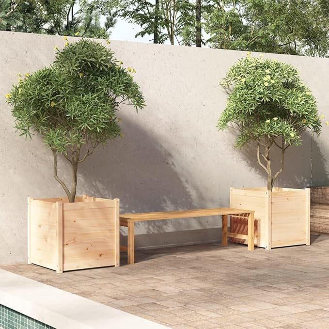 Garden Planter Set of 2 Pine Solid Wood Raised Garden Bed for Outdoor Plants 23.6 Inch Square Durable Planter Boxes for Patio Balcony Terrace
