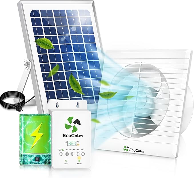 Solar Powered Fan with Battery and Adjustable Thermostat 6“ Solar Fan for Chicken Coop with 12W Bifacial Solar Panel Outdoor Greenhouse Exhaust Fan with Anti-backflow Valve