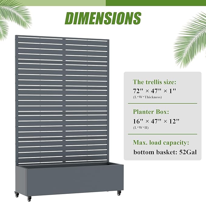 Casaphoria Metal Raised Garden Bed with Trellis and Wheels 72x47x16 Planter Box for Climbing Plants Vegetables &amp Vines Features Drainage Holes and Privacy Screen Drakgrey-Louvered