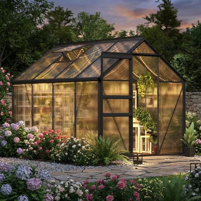 6X8FT Walk-in Polycarbonate Greenhouse Outdoor Weatherproof Greenhouse Kit with Adjustable Roof Vent Sliding Door &amp Gutter Drainage Portable Green House for Patio Backyard Winter Gardening
