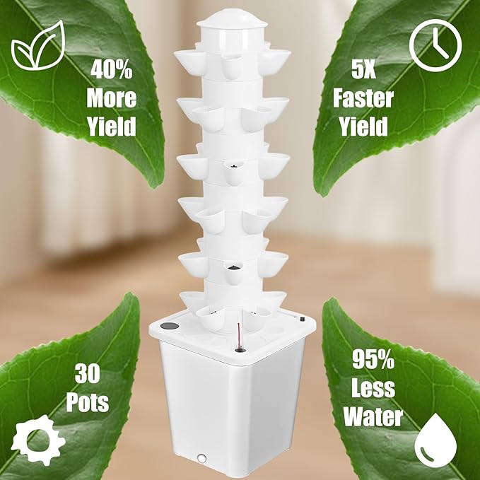 Hydroponic Tower Hydroponics Growing System Kit 6 Layers 30 Pods Vertical Planter Tower with 10L Tank Indoor Outdoor Hydroponic Grow System for Herb/Strawberry/Vegetable/Flower Planting (White)