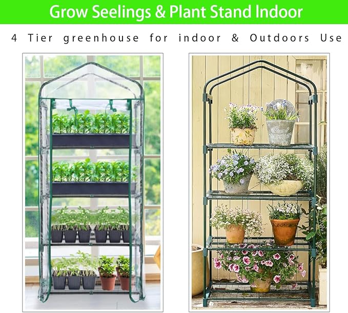 4-Tier Mini Greenhouse Green House for Flower Indoor Outdoor Portable Plant Outdoor Cage with Heavy Duty PVC Clear Cover &amp Steel FrameGreenhouse for Seed Starting MushroomVegetables