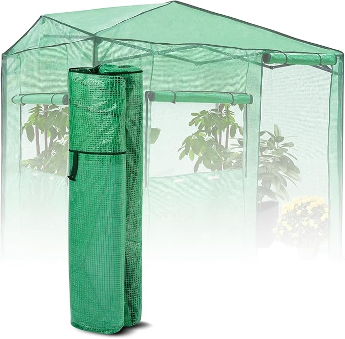EAGLE PEAK Replacement Cover for 8x6 Portable Walk-in Pop up Greenhouse Front Roll-Up Zipper Entry Door and 2 Large Roll-Up Side Windows (Frame Not Included) Green