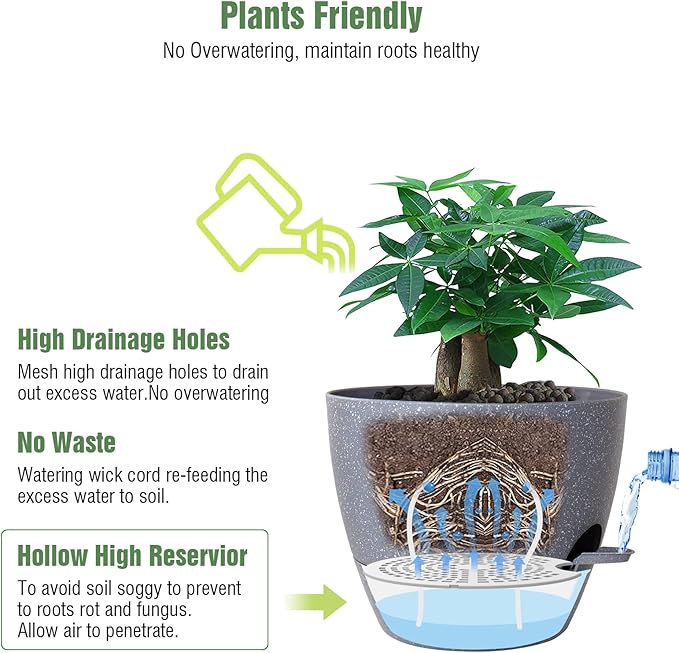 12 inch Large Self Watering Pots Plastic Planters with 60oZ Removable Deep Reservoir and Multi Mesh Drainage Holes for Indoor Outdoor Garden Plants and Flowers Grey Speckles