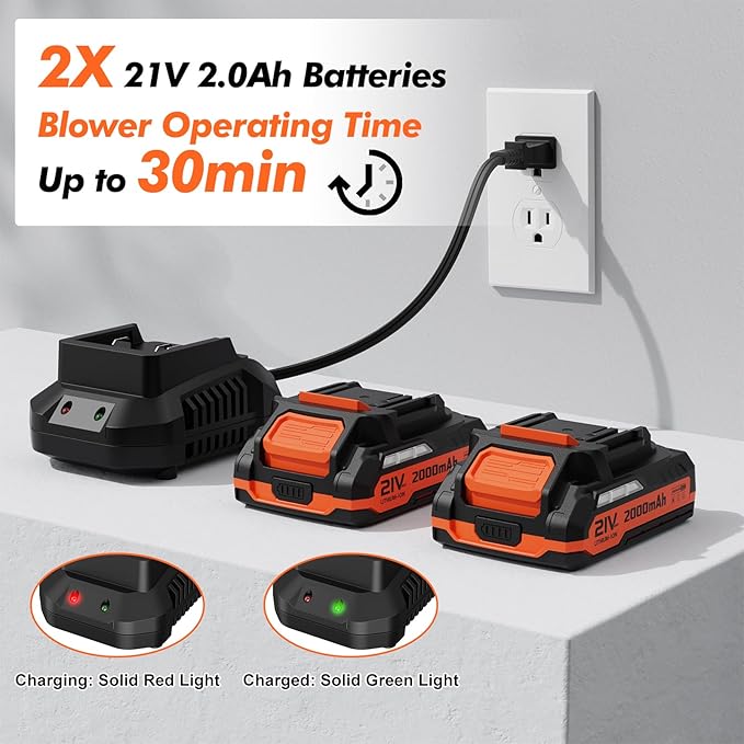 Leaf Blower with 2 Batteries and Charger 2 Speed Modes 2.0Ah Lightweight Battery Powered Leaf Blowers for Lawn Care Patio Dust Blowing Leaves