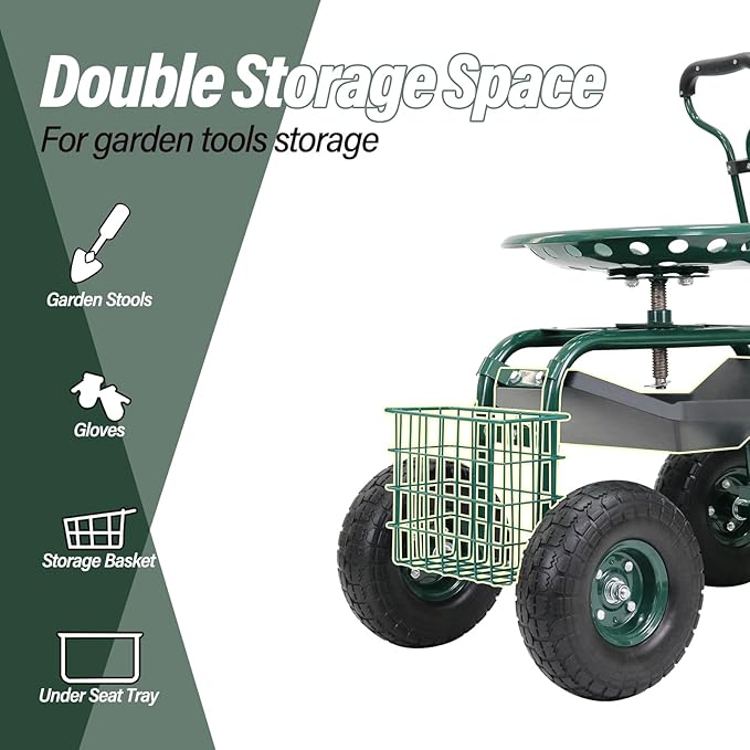 BESTHLS Garden Cart with Seat on Wheels Rolling Gardening Stool with Wheels Heavy Duty for Planting with 360 Degree Swivel Seat Steering Handle &amp Utility Tool Tray