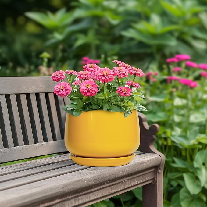 G EPGardening Ceramic Pots for Plants - 7 Inch Plant Pot with Drainage Hole and Saucer Modern Ceramic Planter for Indoor Outdoor Round Flower Planter Gifts for Plants Lovers Home Decor Yellow