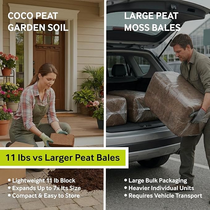 Coco Garden Soil 11 lb. Compressed Coconut Coir Block – Expands to 19.8 Gallons Peat-Free Growing Medium for Gardening and Hydroponics