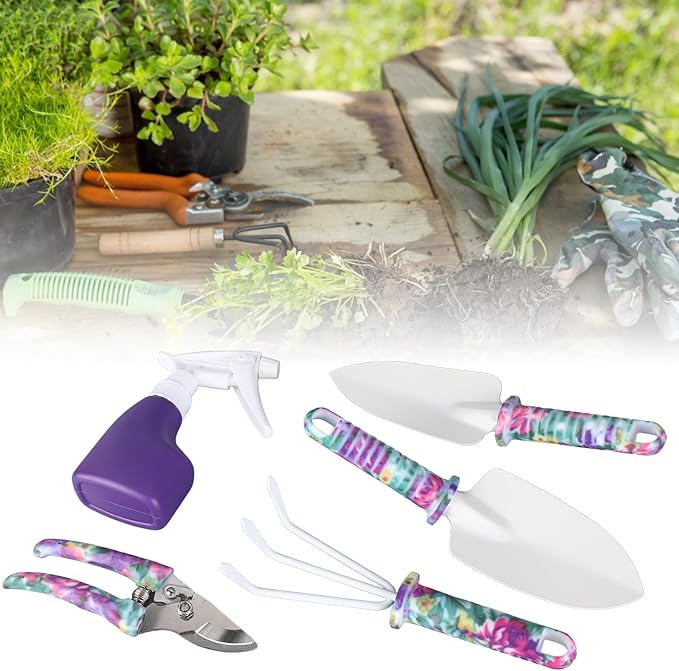 5 Piece Garden Tools Set with Gloves Gardening Hand Tools Kit with Storage Bag with Cultivator Rake Shovels Branch Scissors Spray Can
