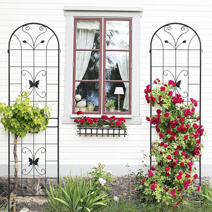 Sturdy Metal Garden Trellis for Climbing Plants – Rust-Resistant Outdoor Plant Support with Decorative Lattice Design (2 Pack-Black)