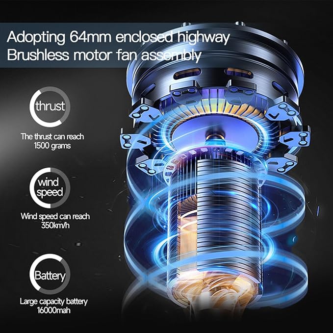 Pro X64 Car Violent Blower 750W Je t Mini Turbo Fan 1500g Thrust 350km / h Wind Speed 64mm Violent Turbo Fan with SOS Light 16000Mah Cordless Leaf Blower for Lawn Snow Blower