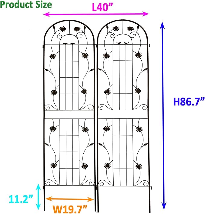 2 Pack Large Garden Trellis Heavy Duty Rustproof Iron Plant Trellis for Potted Plant Support Metal Climbing Rose Trellis Vine Vegetable CucumberBlack-86.7 H x 19.7 W