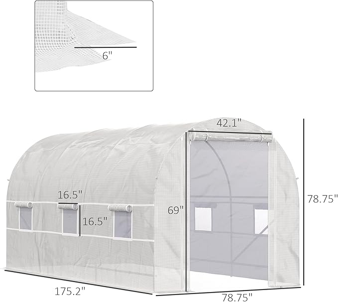 【LuckyNote】 15' x 7' x 7' Walk-in Tunnel Greenhouse Large Garden Hot House Kit with 6 Roll-up Windows &amp Roll Up Door Steel Frame White