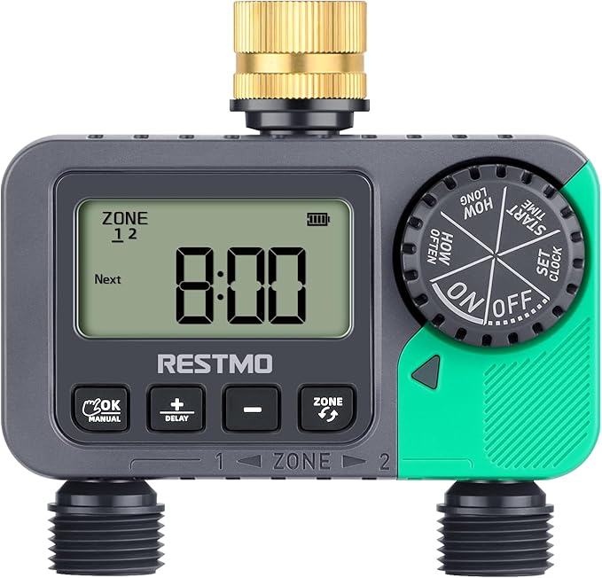 RESTMO Water Timer for Garden Hose Sprinkler Timer with Brass Inlet Automatic Digital Control | Manual ON/Off | Rain Delay for Outdoor Faucet Drip Irrigation and Lawn 2 Outlet