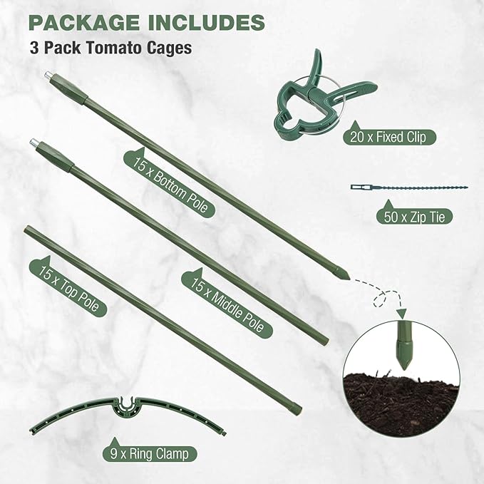 Happygrill 3 Pack Plant Cages and Supports 60 inch Tall Adjustable Tomato Cage w/Clips &amp Ties Heavy-Duty Garden Trellis for Climbing Plants Vines Flowers Vegetables Potted Plants Indoor Outd